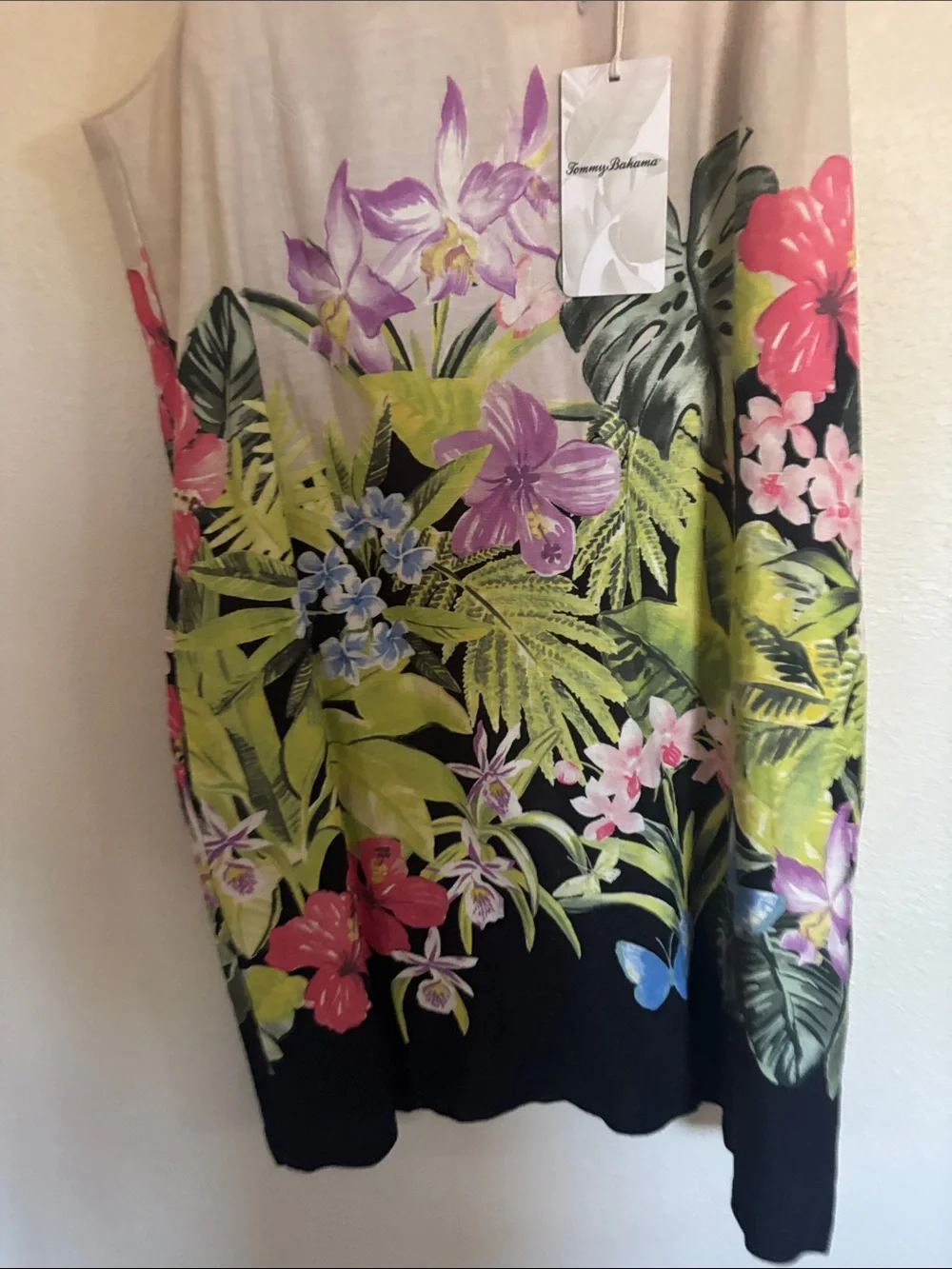 Tommy Bahama Beige and Black Tropical Floral Midi Dress